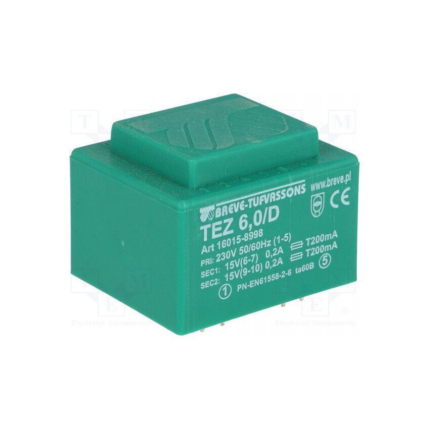TEZ6/D230/15-15V Transformer: encapsulated; 6VA; 230VAC; 15V; 15V; 200mA; 200mA;