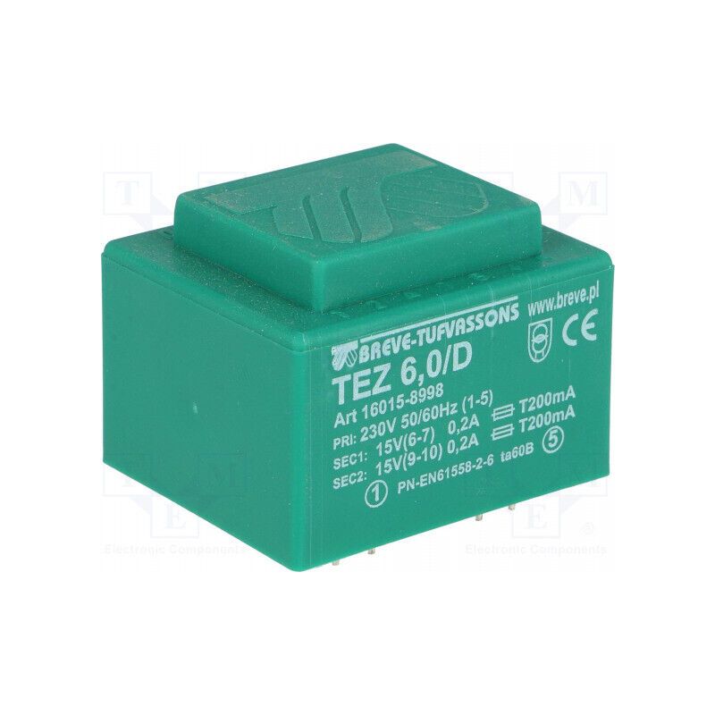 TEZ6/D230/15-15V Transformer: encapsulated; 6VA; 230VAC; 15V; 15V; 200mA; 200mA;
